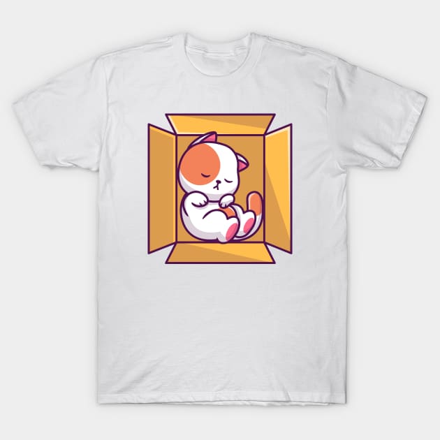 Cute Cat Sleeping In The Box Cartoon T-Shirt by Catalyst Labs